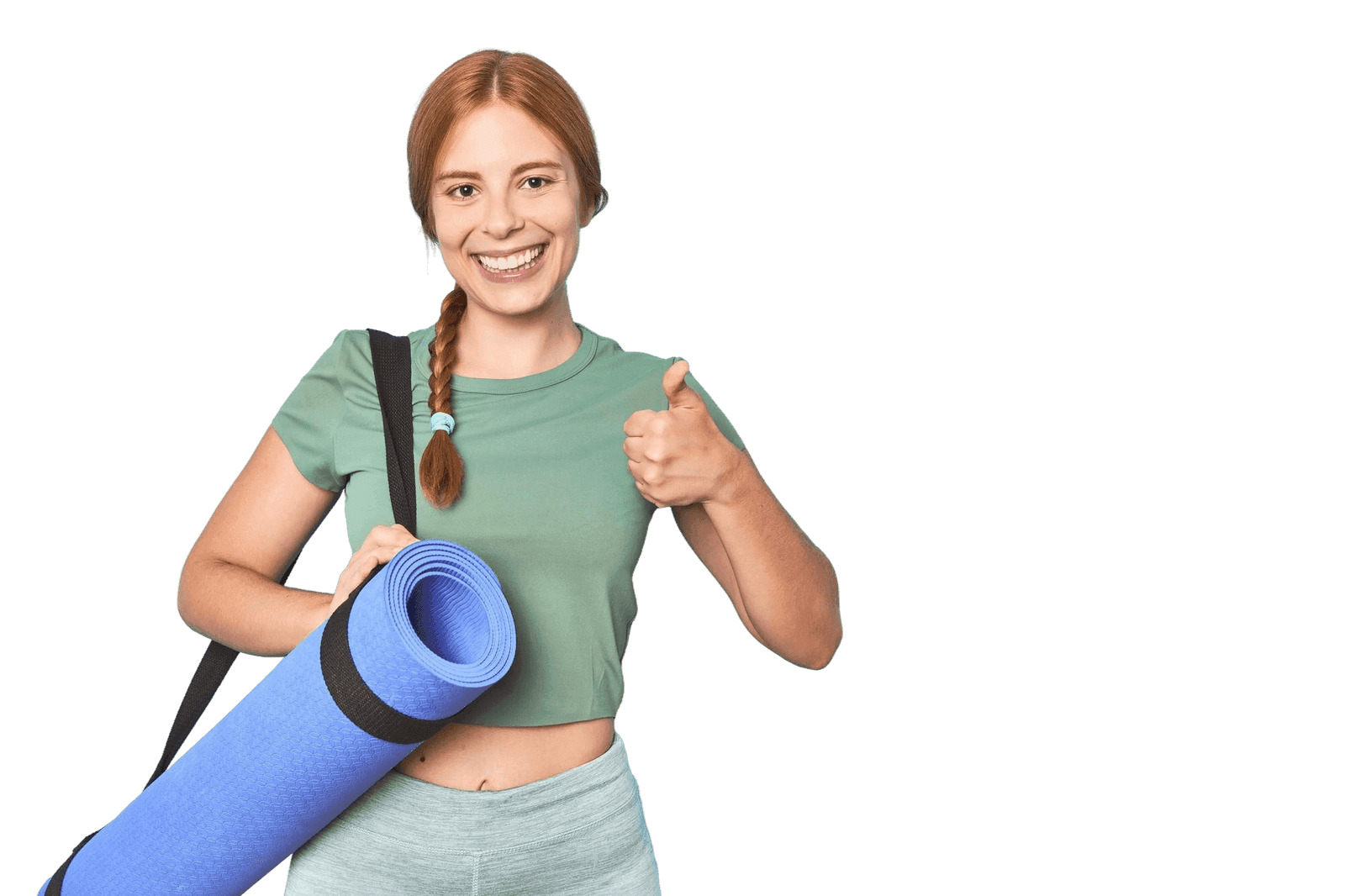 redhead-young-woman-holding-yoga-mat-studio-smiling-raising-thumb-up